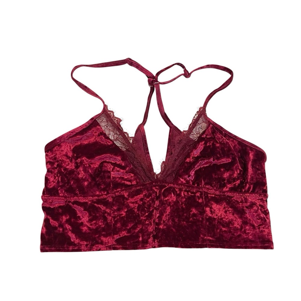 Aerie‎ Burgundy Crushed Velvet & Lace Bralette Strappy Racerback Red M